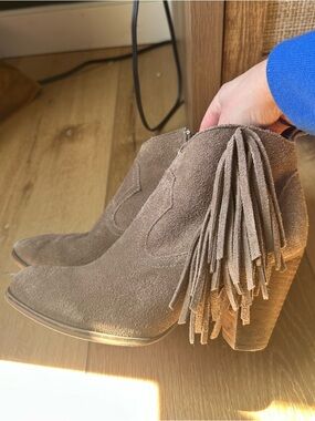 Steve Madden Taupe Suede Fringe Ankle Boots